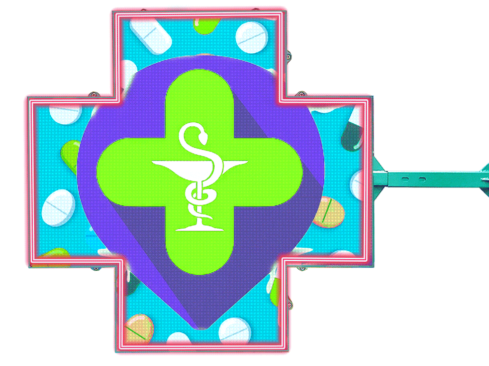Cruz Orión LED P4L Full Color pharmacy sign featuring a green medical cross and caduceus icon with pink neon border.