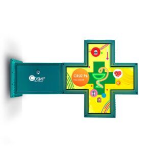 Cruz LED P6 pequeña Cosmi de farmacia full color con iconos médicos y chasis verde metálico