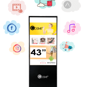 Mupi LCD táctil Cosmi de 43 pulgadas con sistema Android para publicidad interactiva y digital signage.