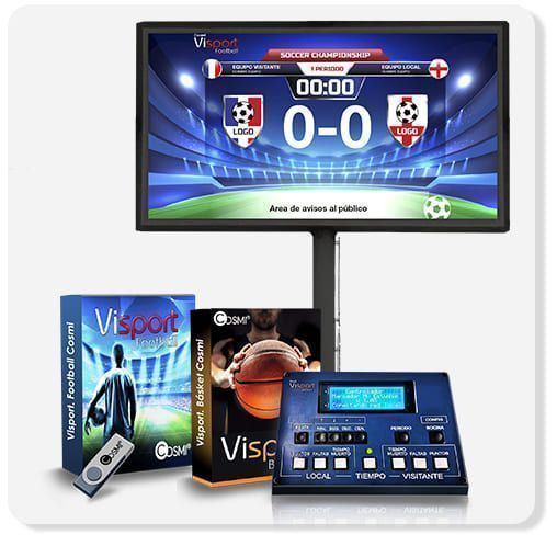 Un kit completo de sistema de videomarcador deportivo LED COSMI con pantalla grande de marcadores de fútbol, cajas de software Visport, un control remoto y una consola de control multifuncional.