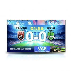 Videomarcador LED Cosmi Full Color para fútbol con software Visport, marcador, VAR y espacio para patrocinadores.