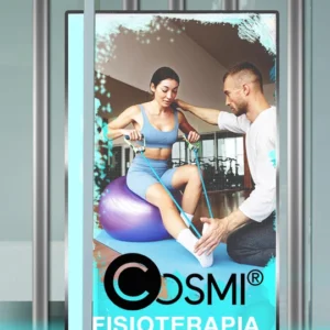 Pantalla LED para escaparates Cosmi mostrando contenido dinámico de fisioterapia con alto brillo y resolución.