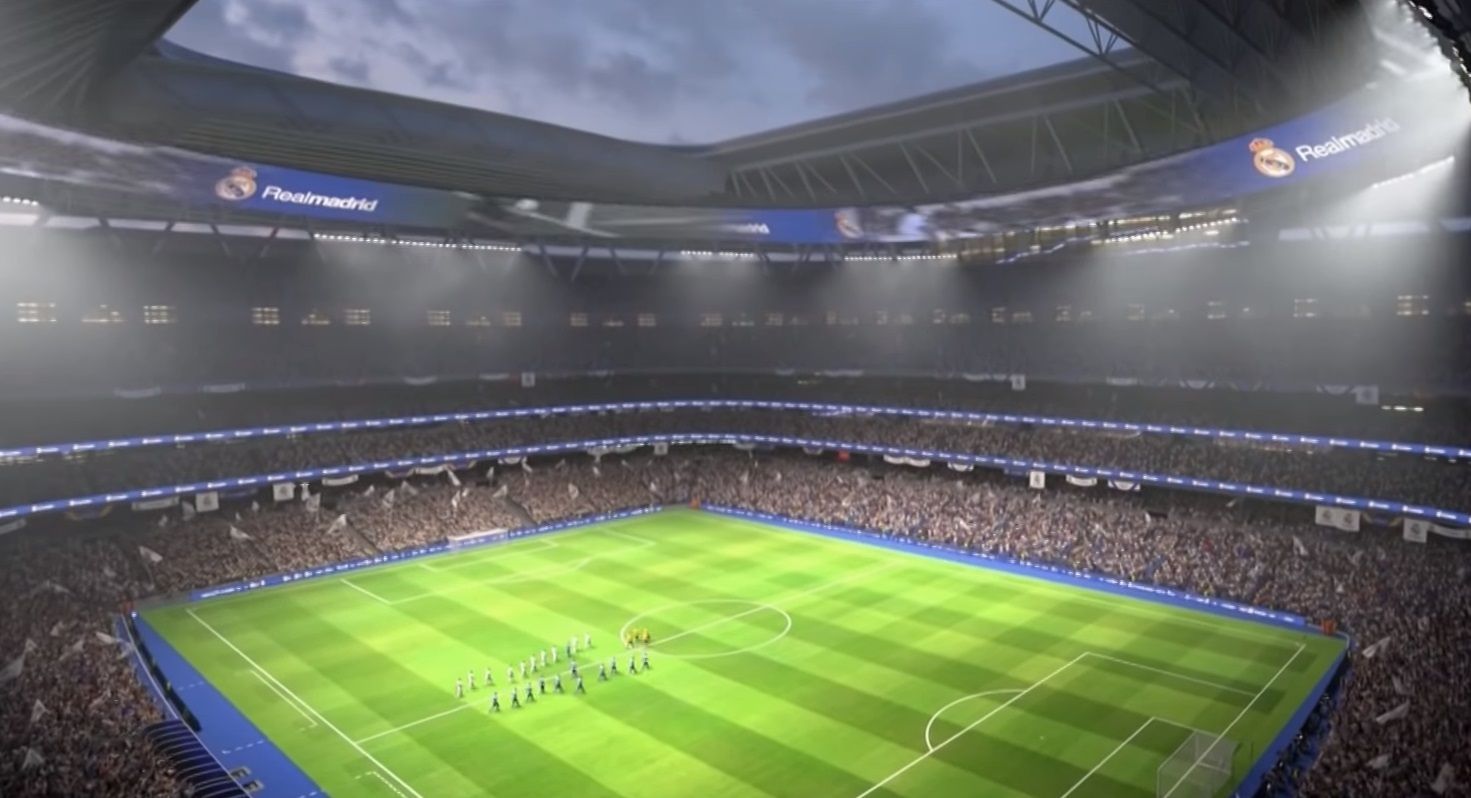 imagen del interior del estadio santiago bernabéu donde se ve una simulación de como seria el estadio un dia de partido con el videomarcador ya terminado
