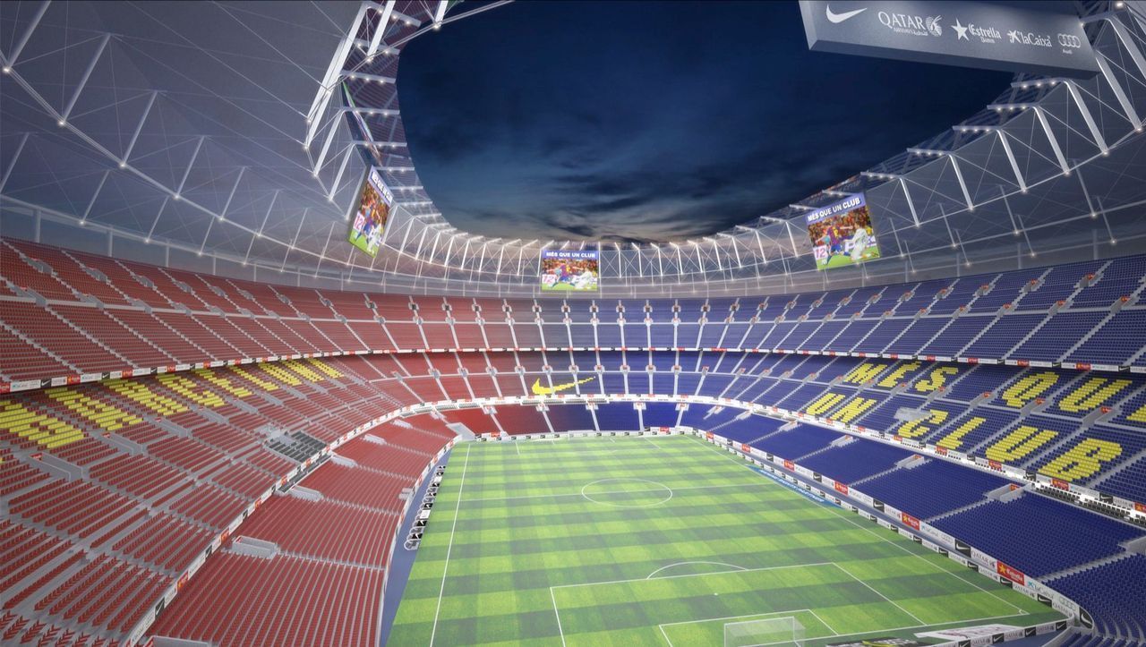 Videomarcadores deportivos Led. imagen del nou camp nou y su interior donde podemos apreciar las pantallas led con las que contara la nuevo estadio