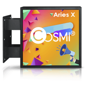 Banderola LED Cosmi Aries P5 X cuadrada de exterior con pantalla a doble cara y publicidad full color.