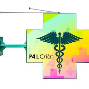 Cruz Orión LED P4L Full Color pharmacy sign with caduceus symbol, vibrant gradient display, and outdoor wall mount.