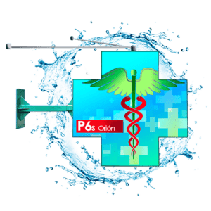 Cruz LED Orión P6s full color para farmacia y clínicas con símbolo médico y chasis resistente al exterior.