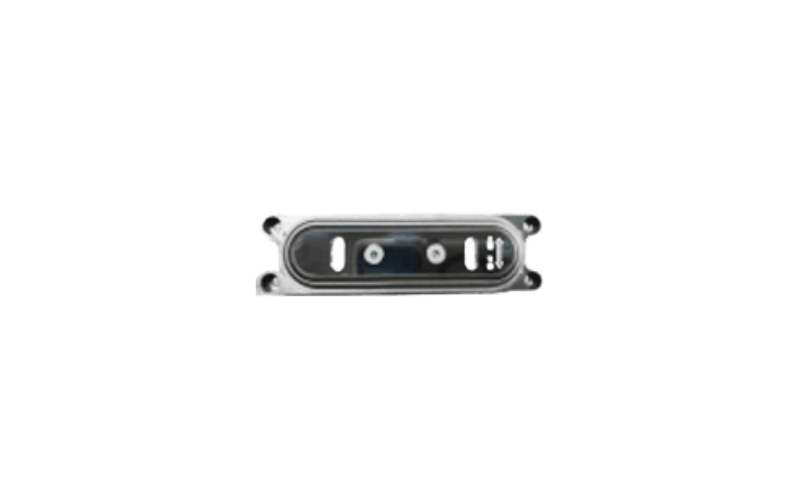 Cámara monocular compacta para kiosko con diseño metálico plateado y lente de alta precisión.