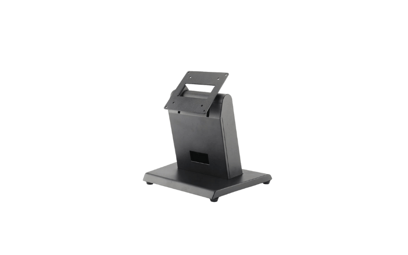 Soporte de mesa para kiosko TPV negro mate con base estable y placa ajustable para terminal de punto de venta.