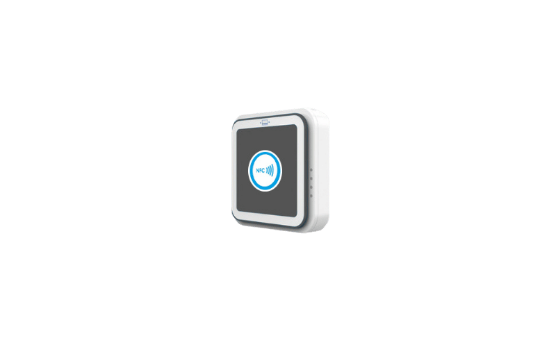 Lector de pago por NFC para kioskos con diseño compacto y logotipo de pago sin contacto.