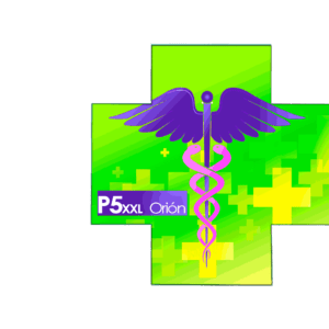 Cruz LED P5 XXL Orión para farmacia Full Color con diseño slim y símbolo de salud morado.