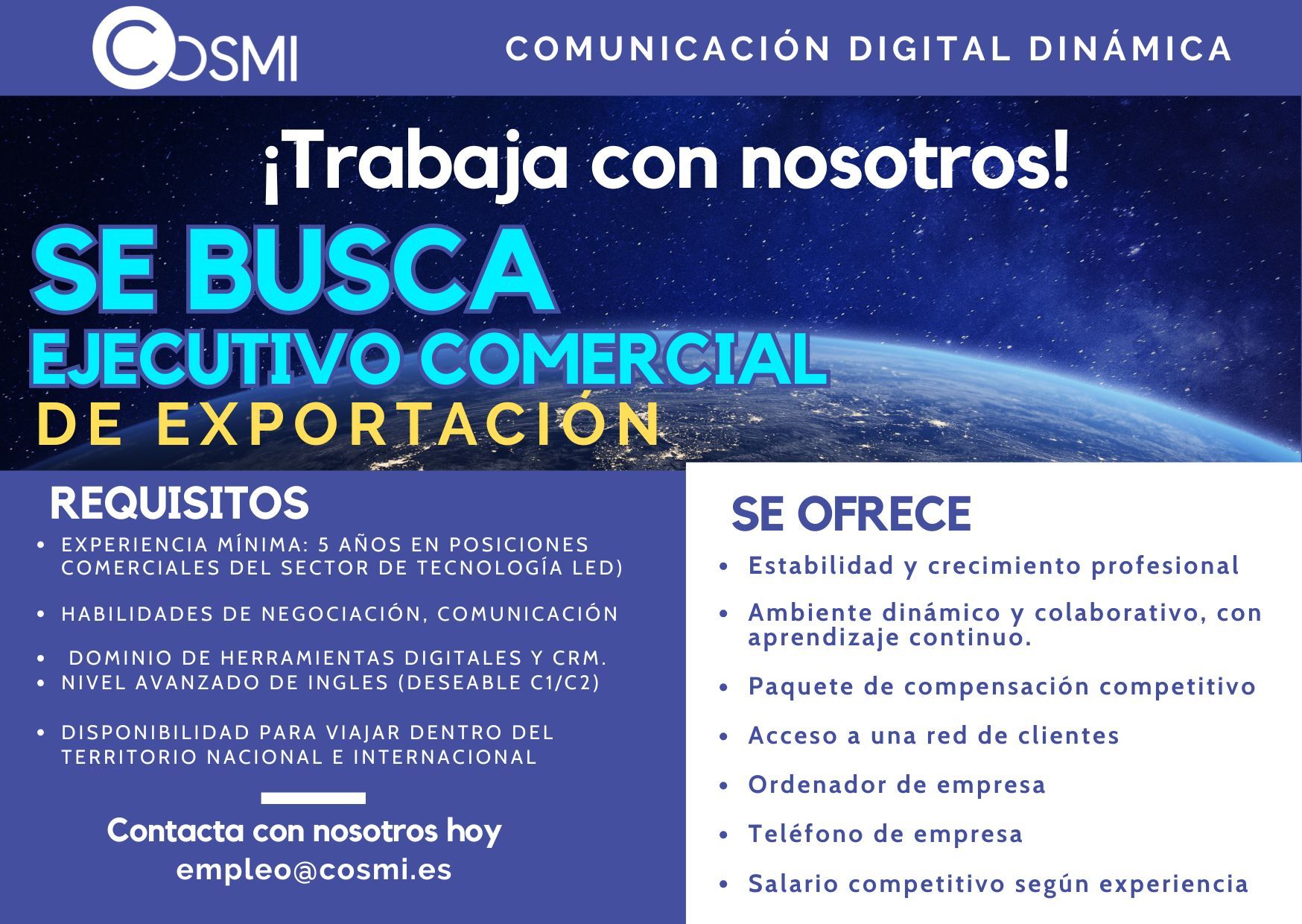 SE BUSCA EJECUTIVO COMERCIAL de exportacion Cosmi