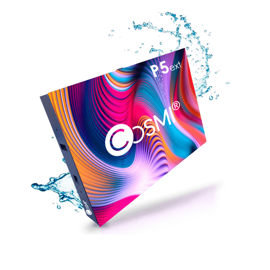 Módulo de pantalla LED exterior Cosmi P5 con diseño colorido y salpicaduras de agua.