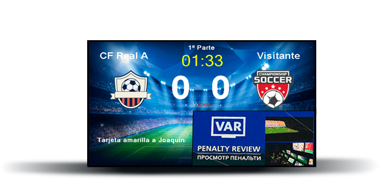 Interfaz de software para videomarcador deportivo LED con revisión de VAR.