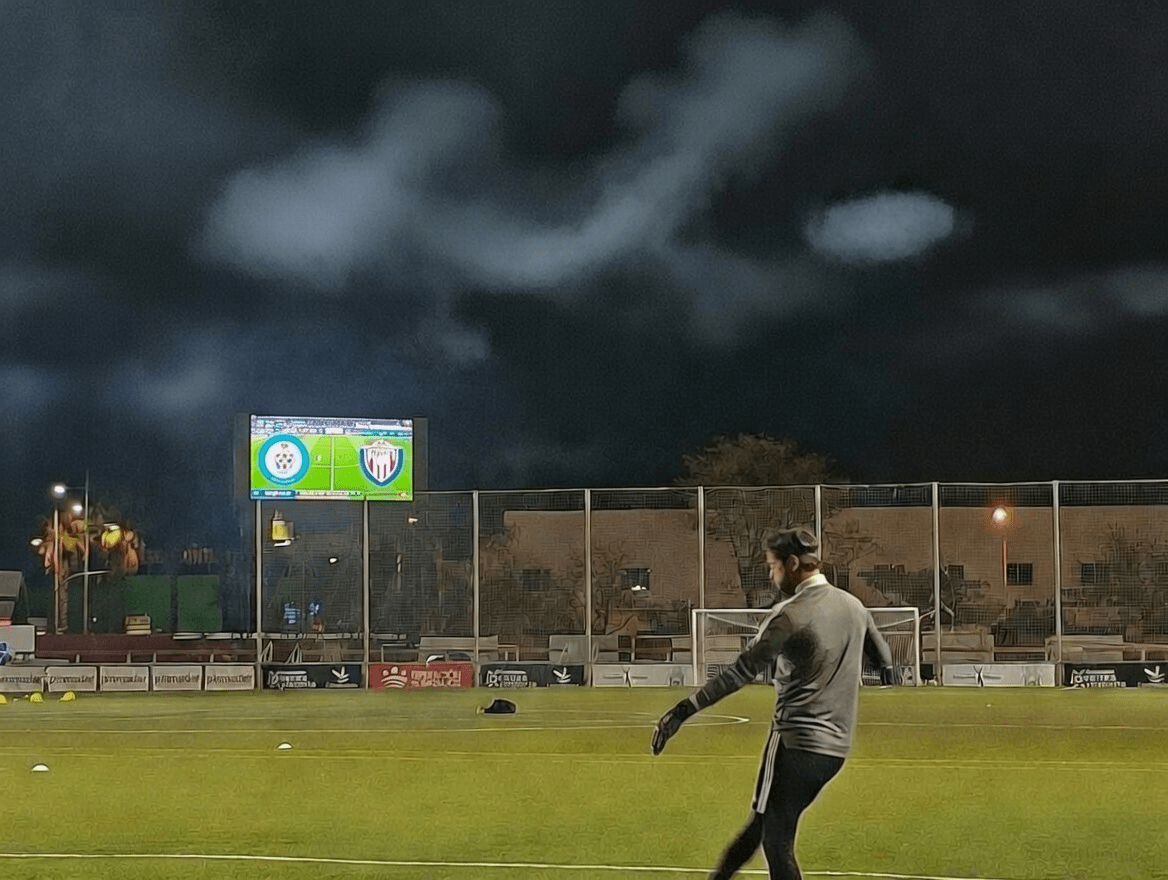 Instalación de marcador deportivo LED de exterior en estadio de fútbol nocturno.