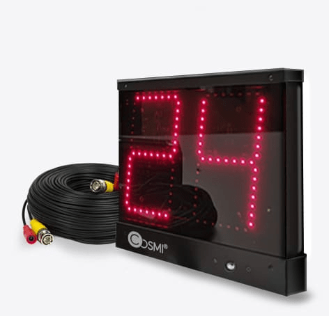 Reloj de posesión LED de 24 segundos junto a un rollo de cable de datos para instalación.
